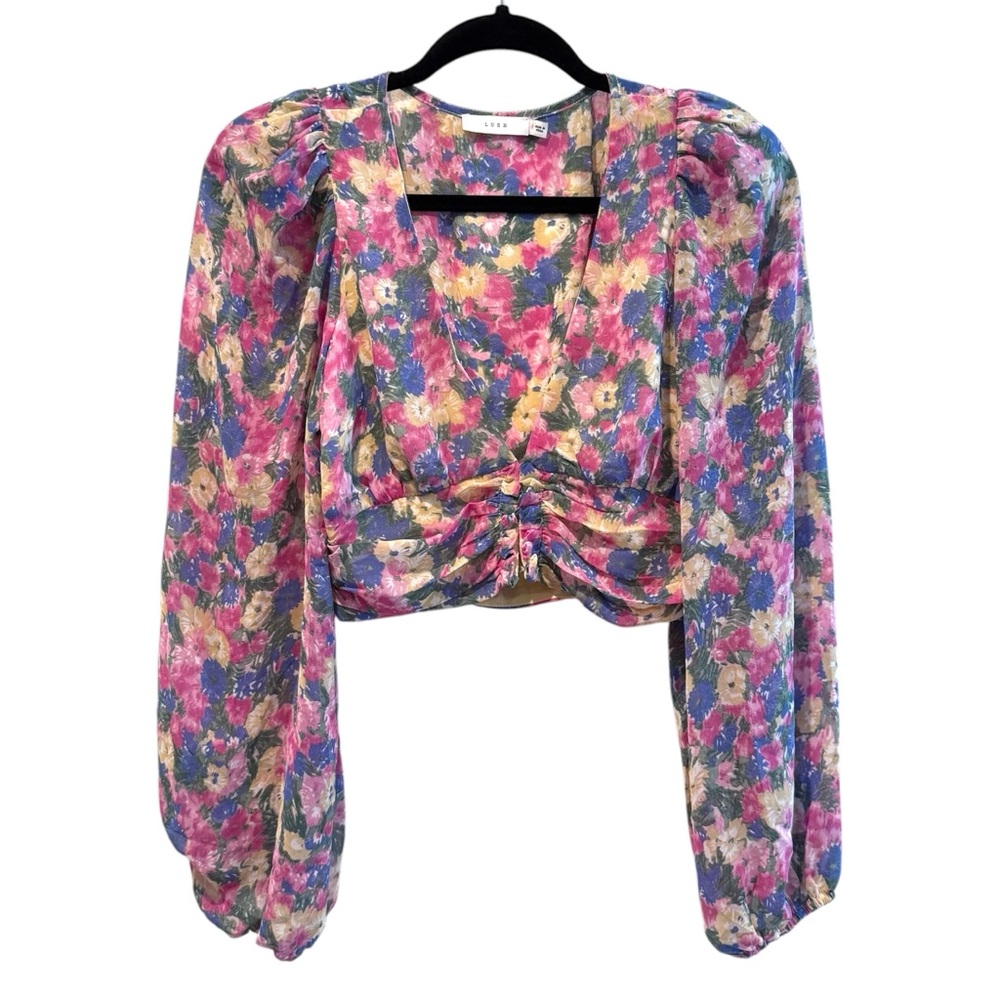 Lush Long Sleeve Floral V Neck Ruched Crop Top Pink Blue Yellow Size‎ Small